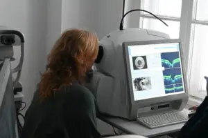 Katarakt-Patientin Simone bei Messungen, um die ideale Linse bestimmen zu können.